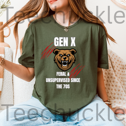 A woman wearing a green graphic t-shirt with a bear illustration and the text 'GEN X FERAL & UNSUPERVISED SINCE THE 70S'.