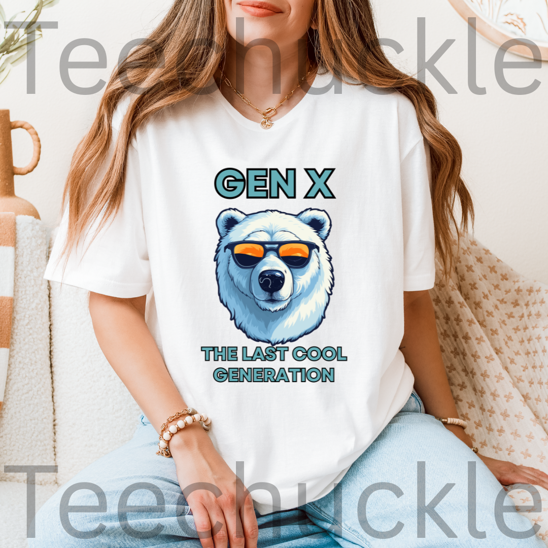 A woman sat wearing a white short-sleeve graphic T-shirt, with black text reading 'Gen x' and 'The last cool generation' a  polar bear illustration. 