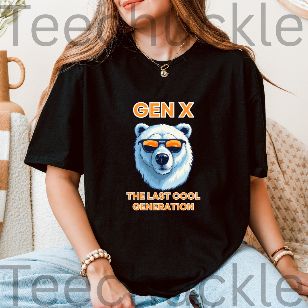 A woman sat wearing a black short-sleeve graphic T-shirt, with black text reading 'Gen x' and 'The last cool generation' a  polar bear illustration. 