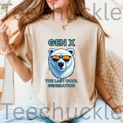 A woman wearing a sand graphic t-shirt with a cartoon polar bear wearing sunglasses and the text 'GEN X THE LAST COOL GENERATION'.