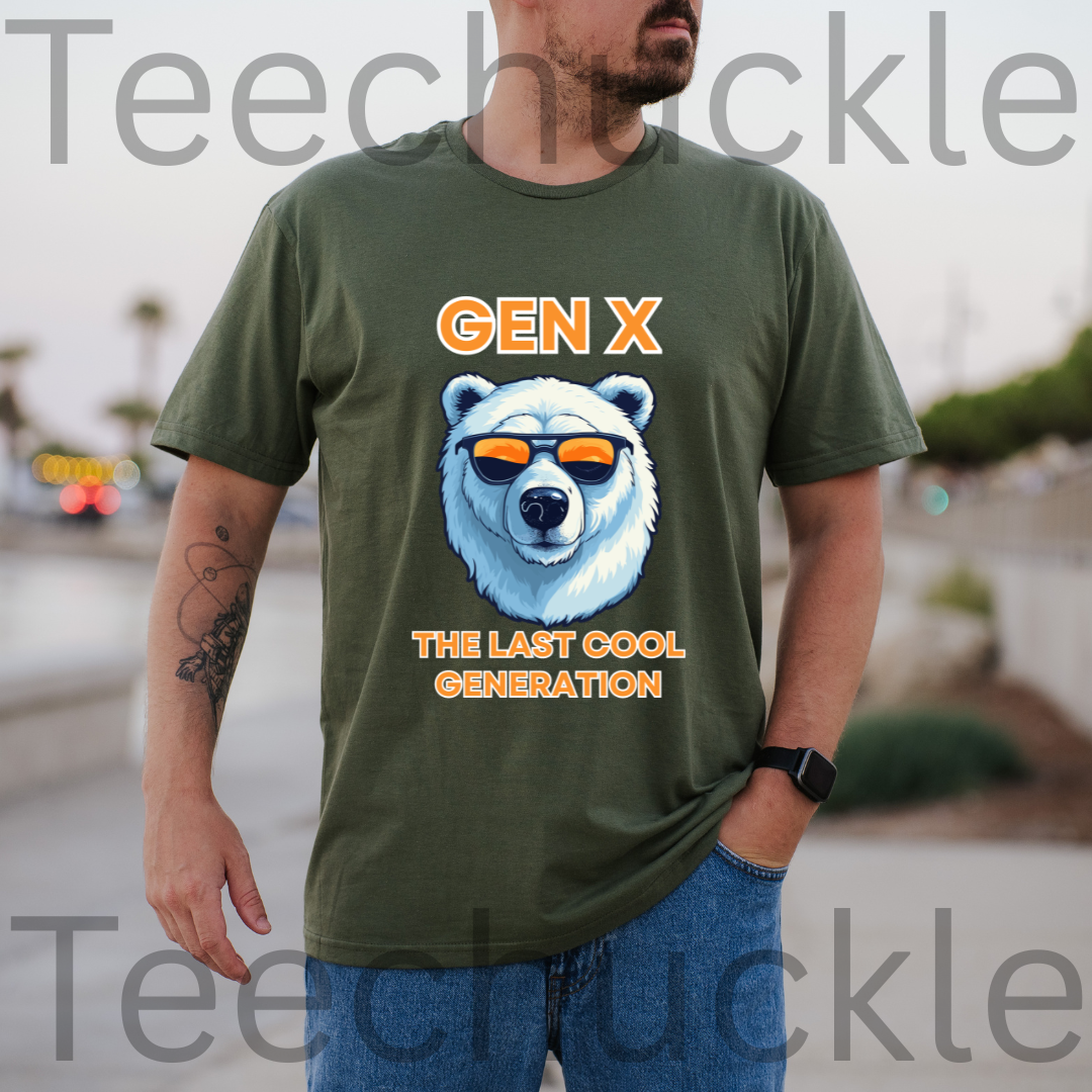 A man stood outside wearing a green short-sleeve graphic T-shirt, with orange text reading 'Gen x' and 'The last cool generation' a  polar bear illustration. 