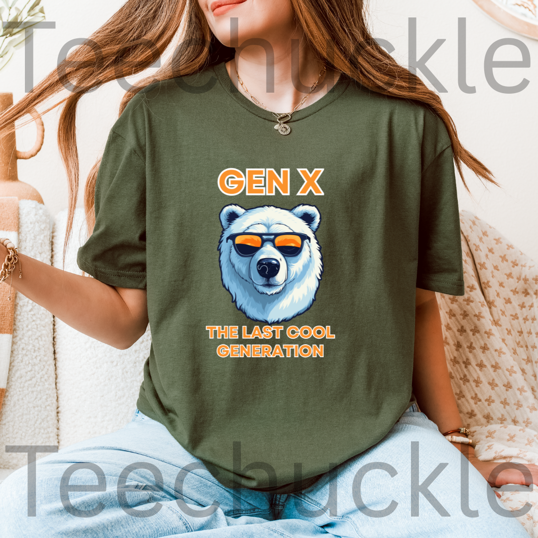 A woman wearing a green graphic t-shirt with a cartoon polar bear wearing orange sunglasses and the text 'GEN X THE LAST COOL GENERATION'.