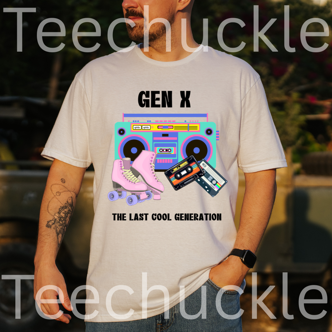 A man wearing a white graphic t-shirt with a retro Gen X theme, featuring a boombox, cassette tapes, and roller skates. The t-shirt has 'GEN X' and 'THE LAST COOL GENERATION' printed on it.