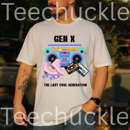 A man wearing a white graphic t-shirt with a retro Gen X theme, featuring a boombox, cassette tapes, and roller skates. The t-shirt has 'GEN X' and 'THE LAST COOL GENERATION' printed on it.