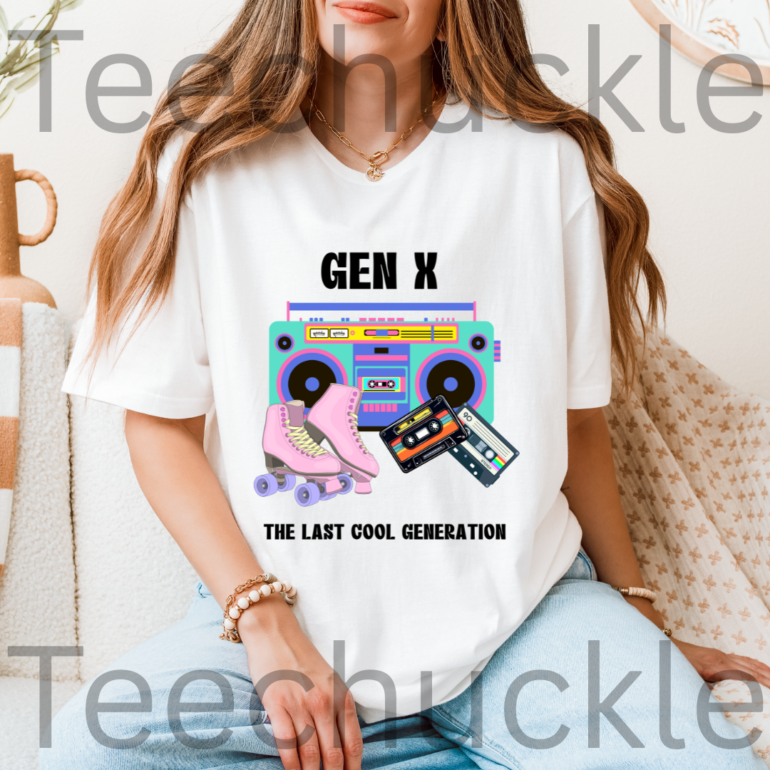 A woman wearing a white graphic T-shirt with a colorful retro boombox, roller skates, cassette tapes, and the text 'GEN X THE LAST COOL GENERATION'.