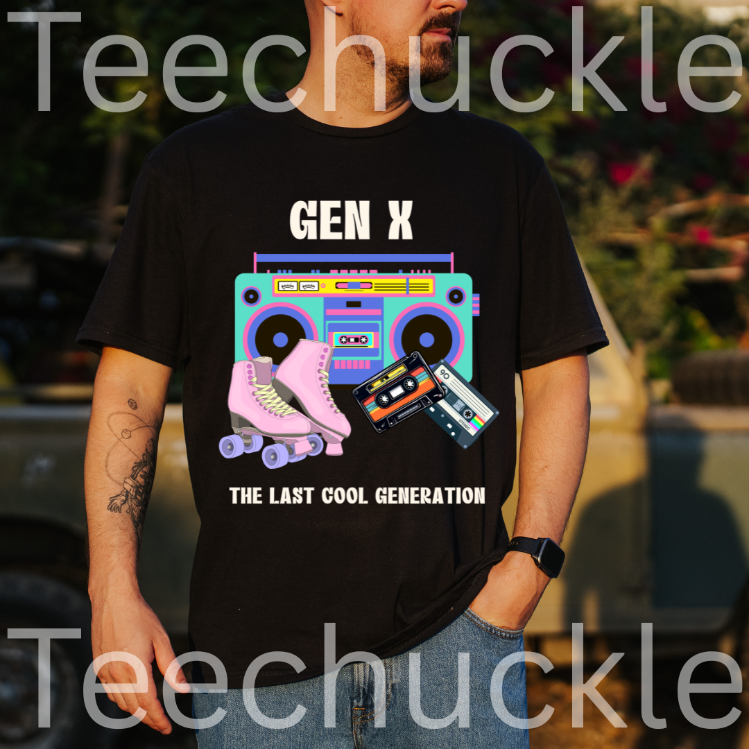 A man wearing a black graphic t-shirt with a colorful retro boombox, pink roller skate, and cassette tapes design, featuring the text 'GEN X THE LAST COOL GENERATION'.