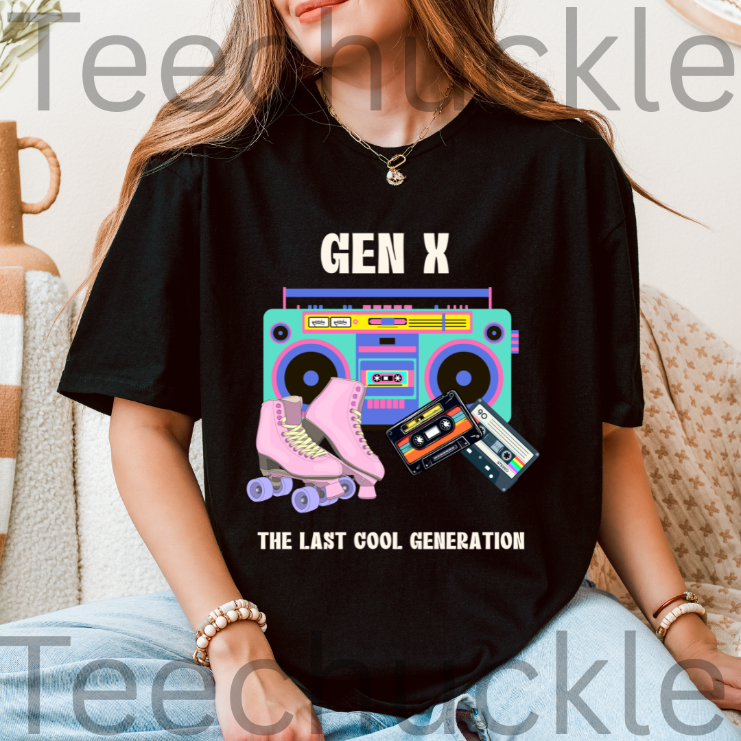 A woman wearing a black graphic t-shirt with a colorful retro boombox, roller skates, cassette tapes, and the text 'GEN X THE LAST COOL GENERATION'.