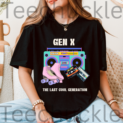 A woman wearing a black graphic t-shirt with a colorful retro boombox, roller skates, cassette tapes, and the text 'GEN X THE LAST COOL GENERATION'.