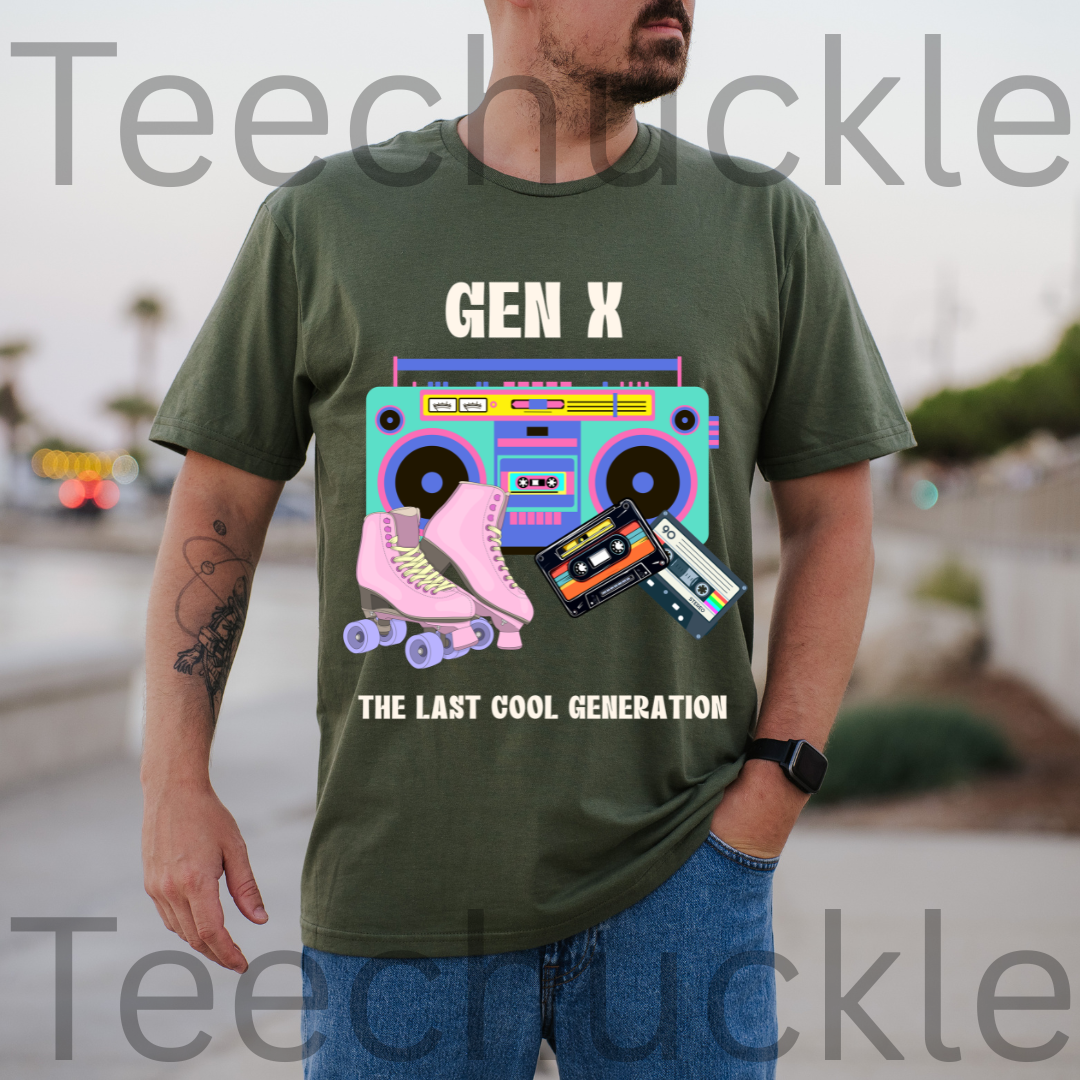 A man wearing a green graphic t-shirt with a retro 'Gen X the last cool generation' design featuring a boombox, pink roller skates, and cassette tapes. The background is a blurred outdoor street scene