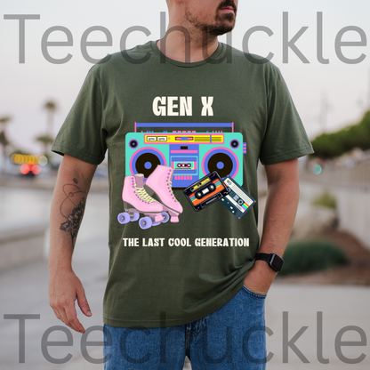 A man wearing a green graphic t-shirt with a retro 'Gen X the last cool generation' design featuring a boombox, pink roller skates, and cassette tapes. The background is a blurred outdoor street scene