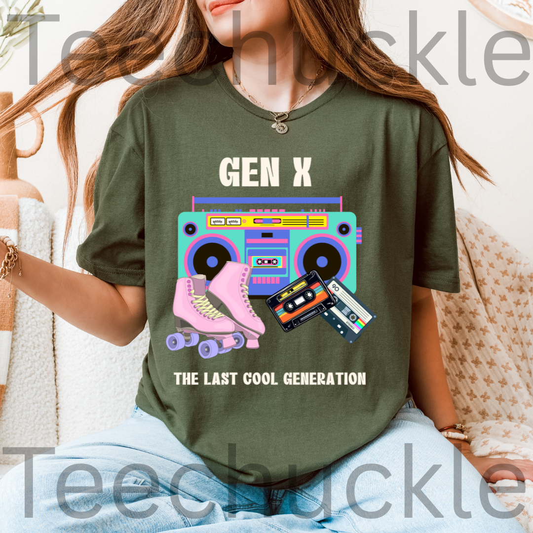 A woman wearing a green graphic t-shirt with a retro 90s design featuring a boombox, roller skates, and cassette tapes, with the text 'GEN X THE LAST COOL GENERATION'.