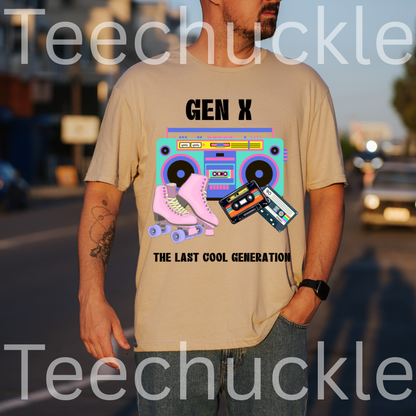 A man wearing a sand graphic t-shirt with a retro 'Gen X' design featuring a boombox, roller skates, and cassette tapes, with "GEN X THE COOLEST GENERATION" The background is a blurred street scene at sunset