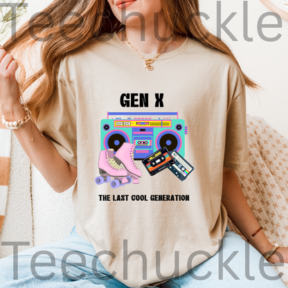 A woman wearing a sand graphic t-shirt with a retro boombox, roller skates, and cassette tapes design, featuring the text 'GEN X THE LAST COOL GENERATION'.