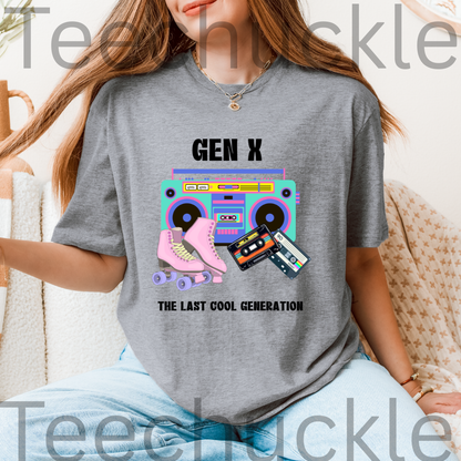 A woman wearing a gray graphic t-shirt with a retro 90s boombox, pink roller skate, and cassette tape design. The text on the shirt reads 'GEN X THE LAST COOL GENERATION'.
