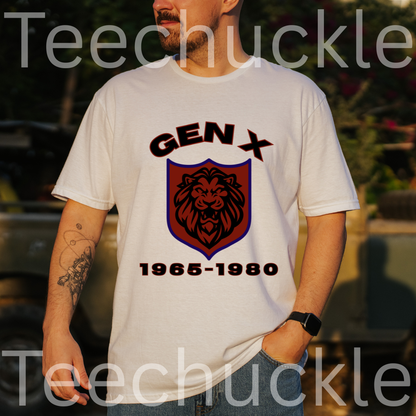 A man wearing a white graphic t-shirt with a 'GEN-X 1965-1980' lion crest design, photographed outdoors with a blurred background. 