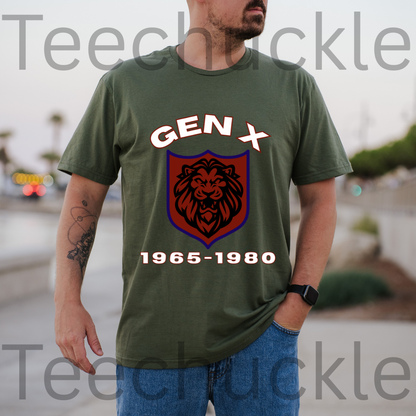 A man wearing a green graphic t-shirt with a 'GEN X 1965-1980' lion crest design, set against a blurred outdoor background