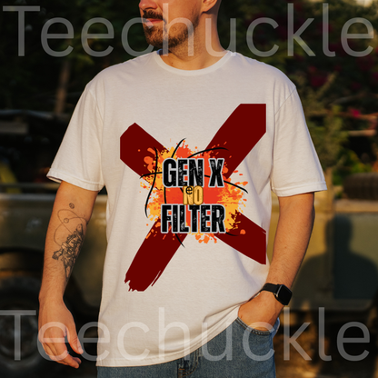A man wearing a white graphic t-shirt with a red paint-stroke 'X' and the text 'GEN X GENE FILTER' over an orange paint splatter design. The background is a blurred outdoor setting