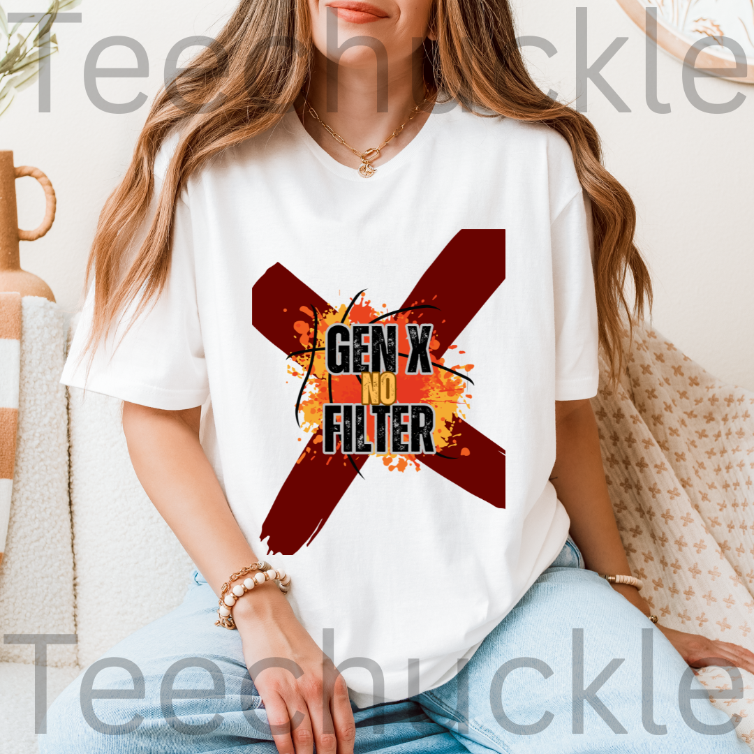 A woman sat wearing a white graphic t-shirt, and the shirt has the text 'GEN X NO FILTER' with a a large red cross, orange splash graphic.