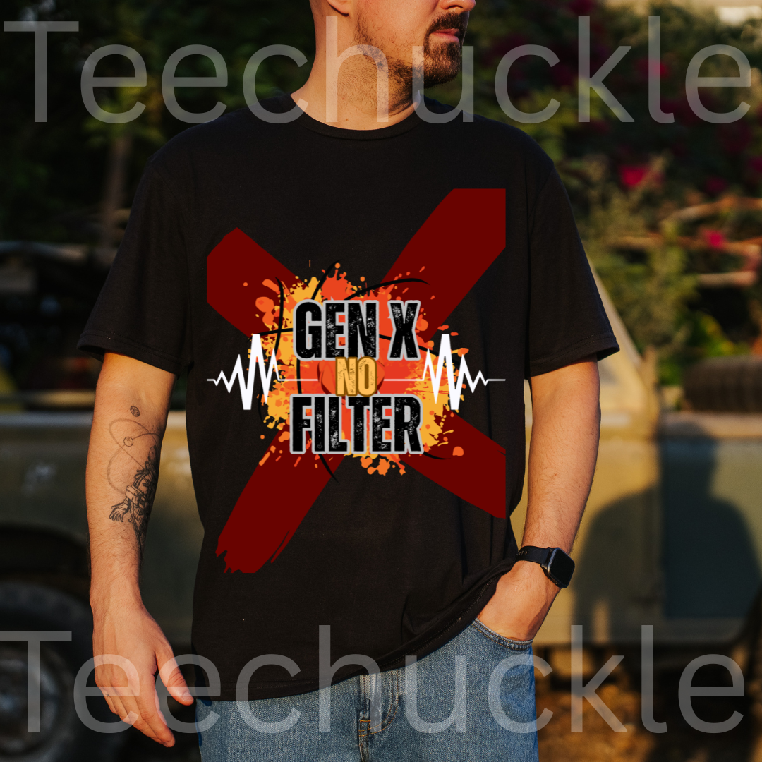 A man wearing a black graphic t-shirt with a red 'X' and the text 'GEN X NO FILTER', set against an outdoor background 