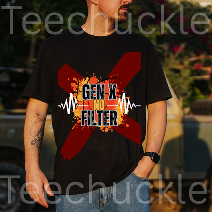 A man wearing a black graphic t-shirt with a red 'X' and the text 'GEN X NO FILTER', set against an outdoor background 