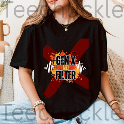 A woman wearing a black graphic t-shirt with a red 'X' and the text 'GEN X NO FILTER'. The photo is taken in a cozy indoor setting with a beige couch and a wooden vase in the background.