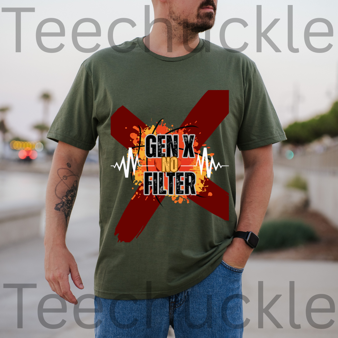 A man wearing a green graphic t-shirt with a red 'X' and the text 'GEN X NO FILTER', set against a blurred outdoor background.