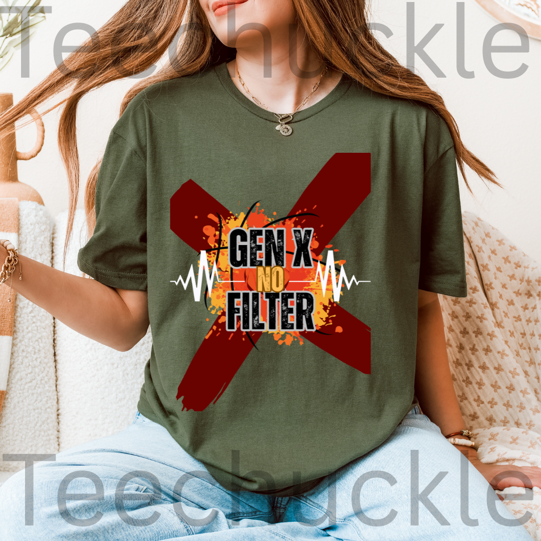 A woman wearing a green graphic t-shirt with a red 'X' and the text 'GEN X NO FILTER', paired with light blue jeans.