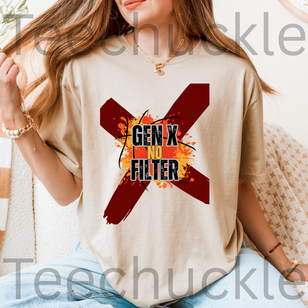 A woman wearing a sand graphic t-shirt with a red 'X' and the text 'GEN X NO FILTER'. 