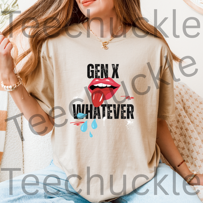 A woman sat wearing a sand short-sleeve graphic t-shirt featuring the text 'GEN X WHATEVER' in black, with a graphic of red lips.