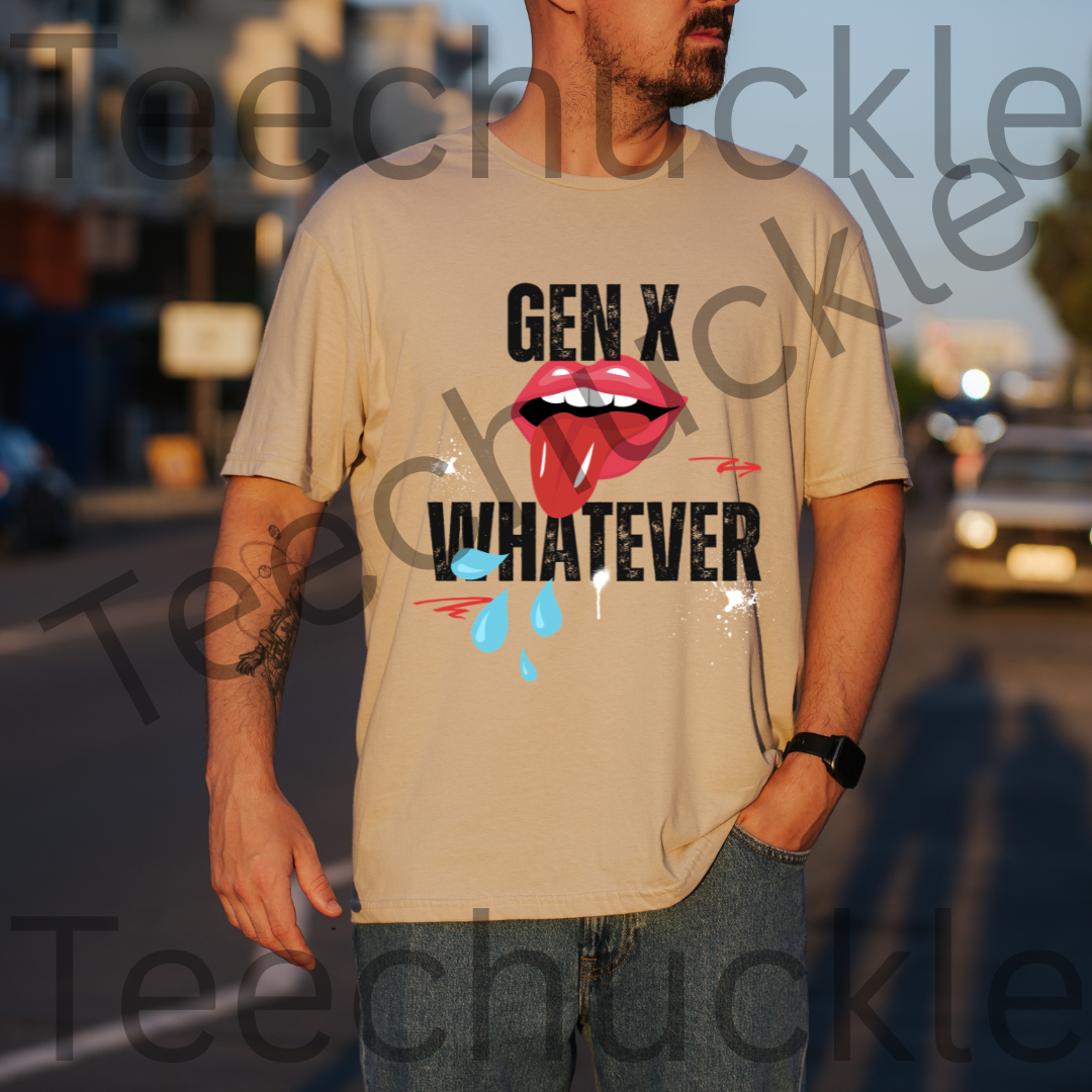 A man standing outside wearing a sand short-sleeve graphic t-shirt featuring the text 'GEN X WHATEVER' in black, with a graphic of red lips. 