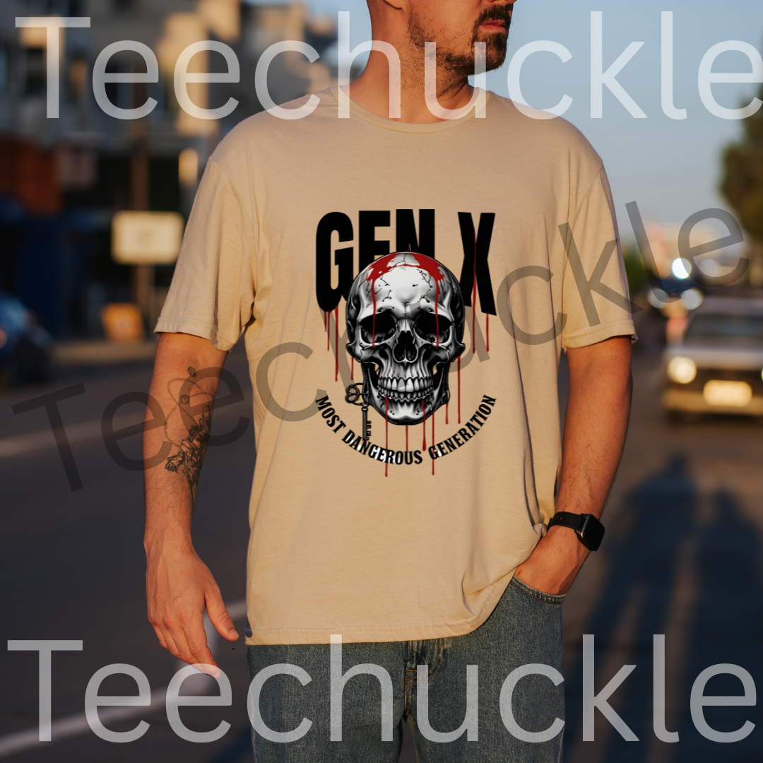 A man standing outside wearing a sand coloured t-shirt with a graphic of a skull with dripping blood and the text "GEN X MOST DANGEROUS GENERATION" 