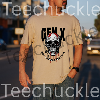 A man standing outside wearing a sand coloured t-shirt with a graphic of a skull with dripping blood and the text "GEN X MOST DANGEROUS GENERATION" 