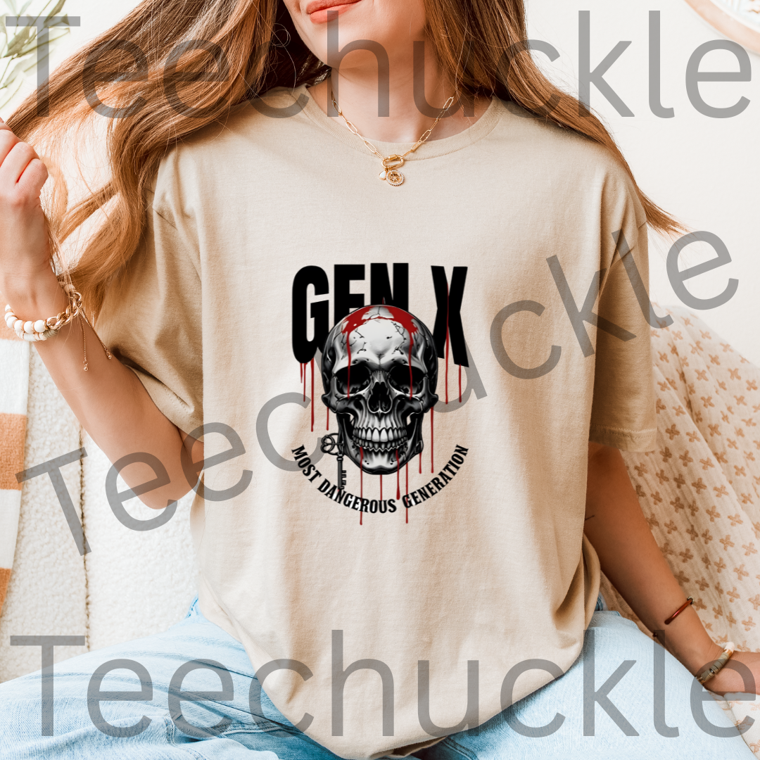 A woman wearing a sand graphic t-shirt with a 'Gen X Most Dangerous Generation' skull with dripping blood design, set against a cozy indoor background.