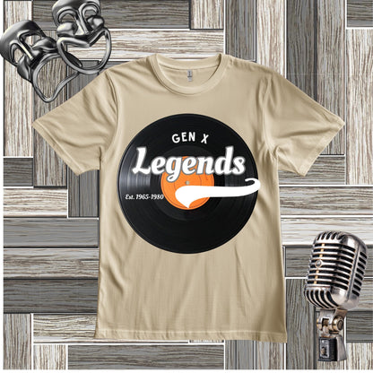 A sand short-sleeve t-shirt with a graphic print of a black vinyl record featuring the text 'GEN X Legends Est. 1965-1990' 