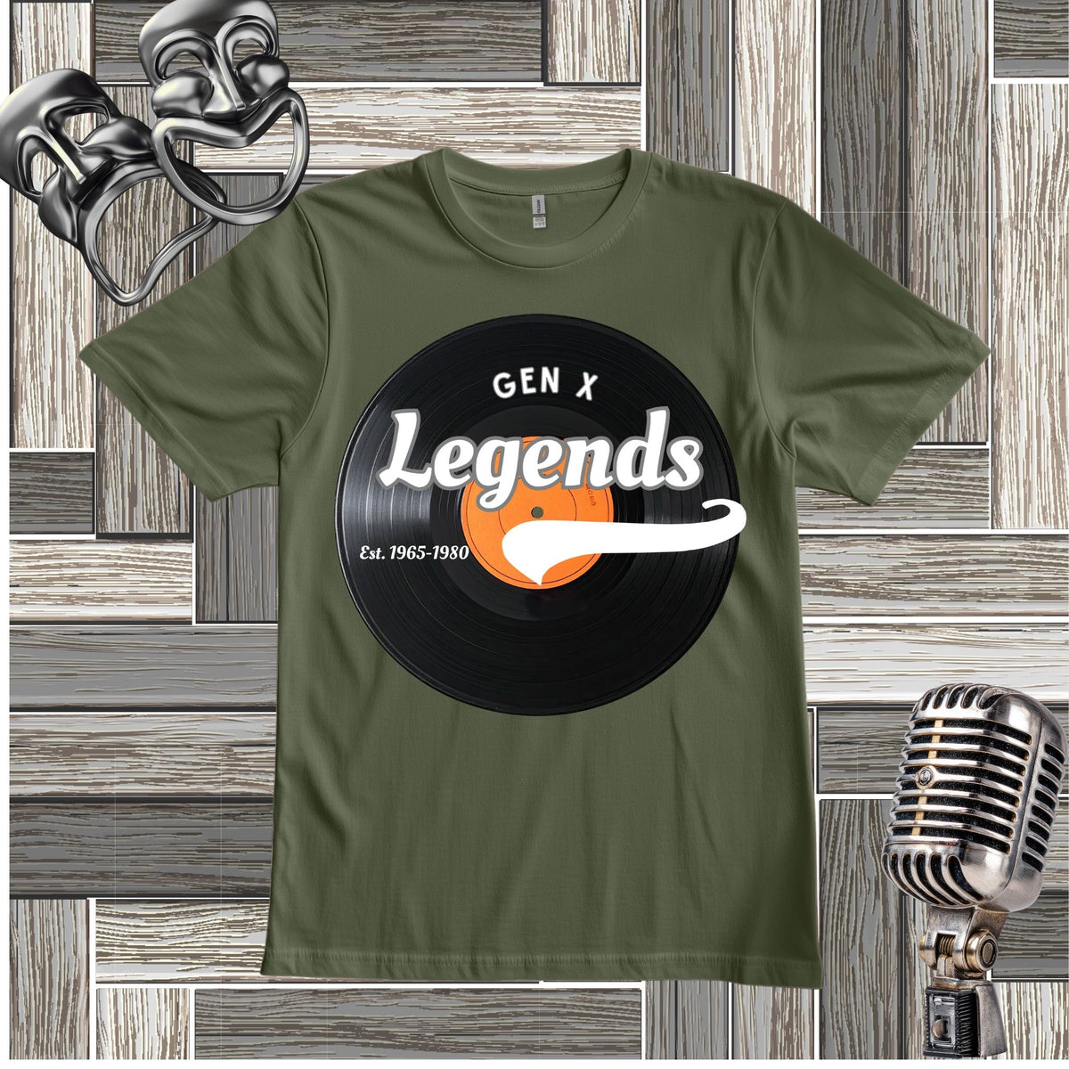 A green short-sleeve t-shirt with a circular vinyl record graphic on the chest reading 'GEN X Legends Est. 1965-1980' 