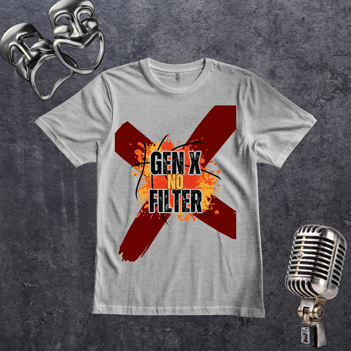 A gray crewneck t-shirt featuring a graphic design with a large red 'X' and the text 'GEN X NO FILTER' in black, displayed on a textured dark gray background with vintage silver props.