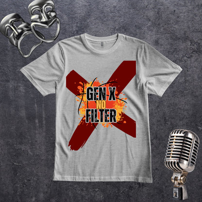 A gray crewneck t-shirt featuring a graphic design with a large red 'X' and the text 'GEN X NO FILTER' in black, displayed on a textured dark gray background with vintage silver props.