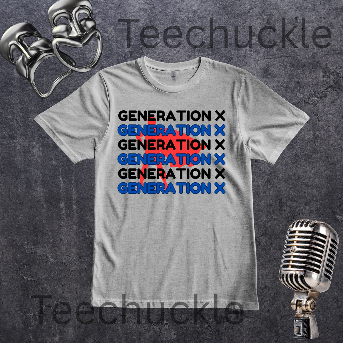 A gray graphic t-shirt featuring the text 'GENERATION X' repeated in black, blue, and red, styled on a dark textured background with vintage microphone 