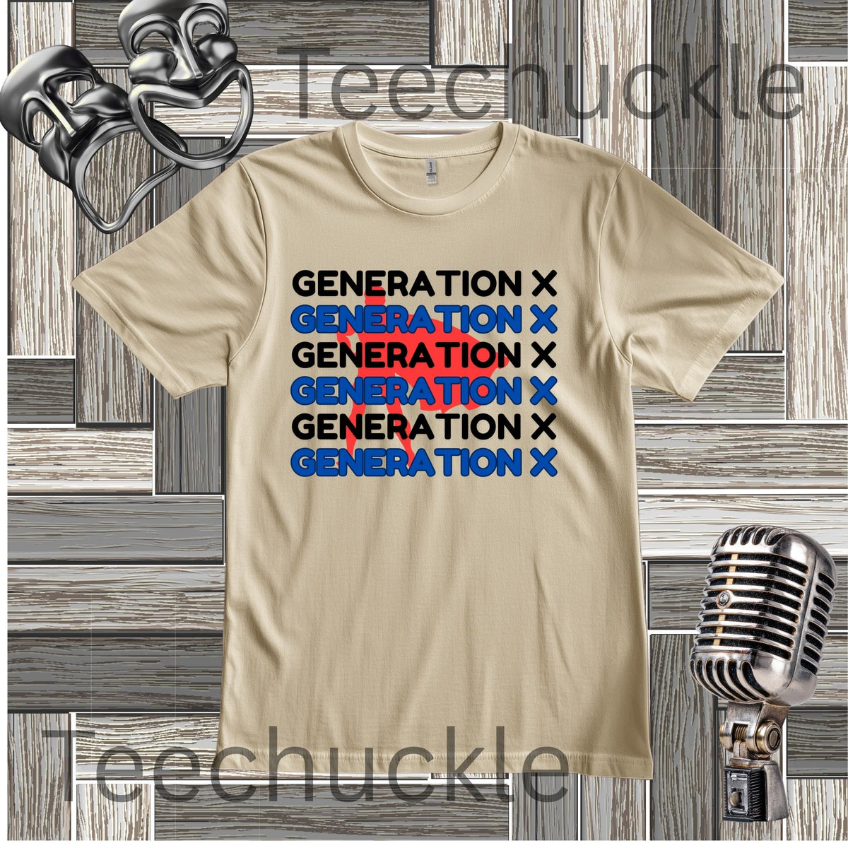 A  graphic t-shirt featuring the text 'GENERATION X' repeated in black, blue, and red, displayed on a gray wood panel background with vintage microphone props