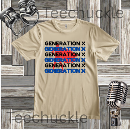 A  graphic t-shirt featuring the text 'GENERATION X' repeated in black, blue, and red, displayed on a gray wood panel background with vintage microphone props