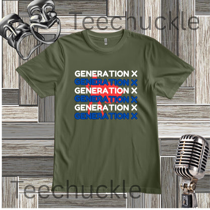 A green graphic t-shirt featuring the text 'GENERATION X' repeated in white, blue, and a red superhero behind it. The shirt is displayed on a gray wood-plank background with vintage-style props, including a silver microphone