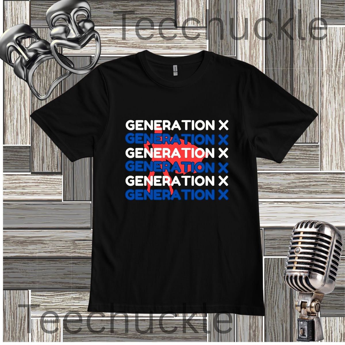 A black short-sleeve t-shirt with a graphic print reading 'GENERATION X' repeated in white, blue, and red, styled on a gray wood plank background with vintage microphone and mask props. 