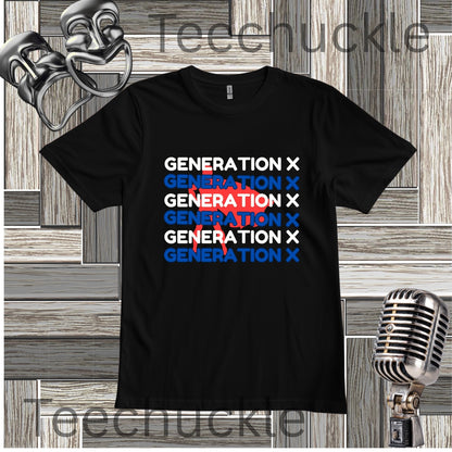 A black short-sleeve t-shirt with a graphic print reading 'GENERATION X' repeated in white, blue, and red, styled on a gray wood plank background with vintage microphone and mask props. 
