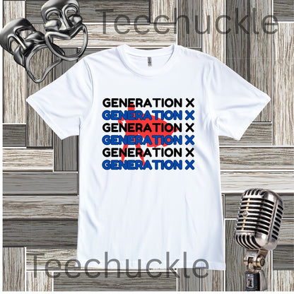 A white graphic t-shirt featuring the text 'GENERATION X' repeated in black, blue, and red, styled on a rustic wood panel background with vintage microphone props and a 'Teechuckle' watermark.