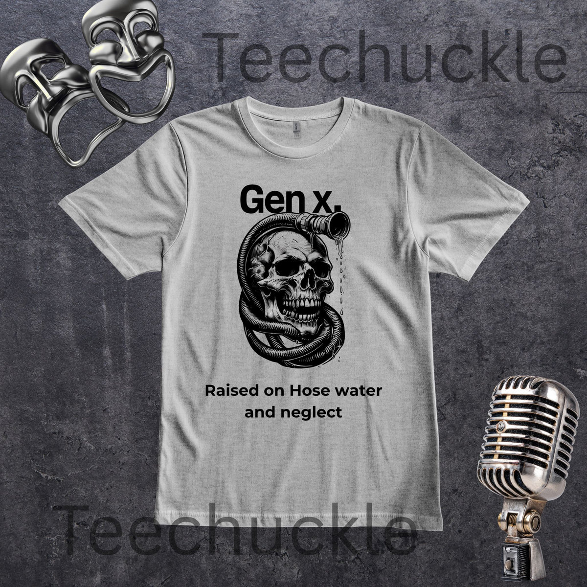 A gray graphic t-shirt featuring a black print of a skull and snake with the text 'Gen x. Raised on Hose water and neglect'.