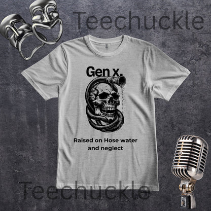 A gray graphic t-shirt featuring a black print of a skull and snake with the text 'Gen x. Raised on Hose water and neglect'.