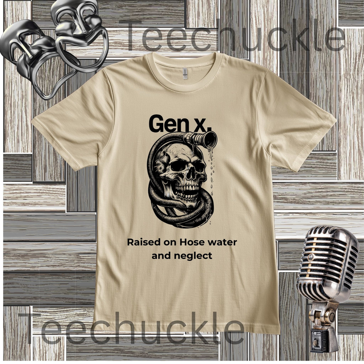 A sand graphic t-shirt featuring a black illustration of a skull and snake with the text 'Gen X. Raised on Hose water and neglect'.