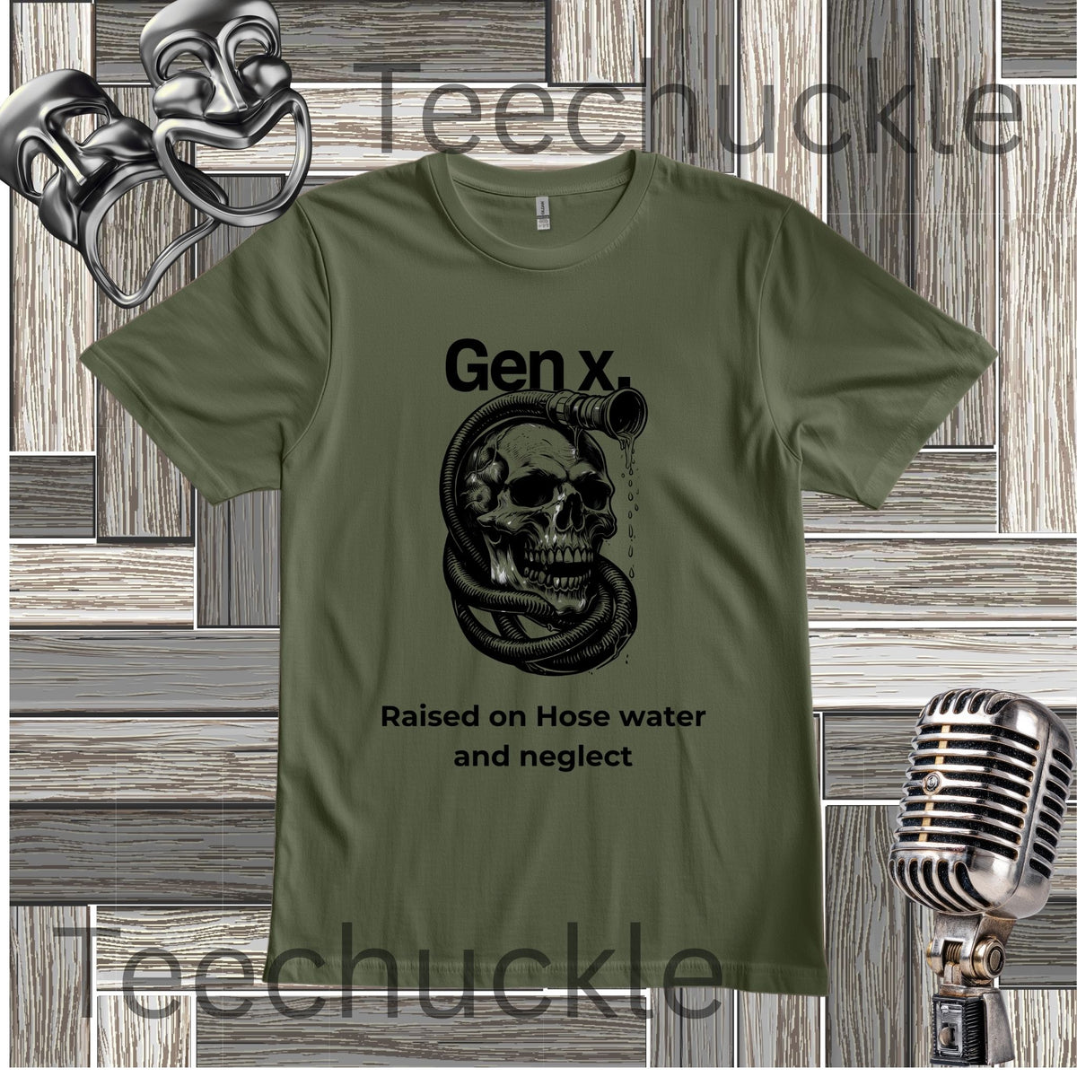 A green graphic t-shirt featuring a black skull and snake design with the text 'Gen x. Raised on Hose water and neglect'.