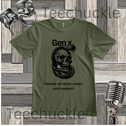 A green graphic t-shirt featuring a black skull and snake design with the text 'Gen x. Raised on Hose water and neglect'.