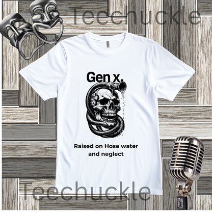 A white short-sleeve graphic T-shirt laid flat on a rustic wood plank background, with a black printed skull-and-snorkel design and the text 'Gen X. Raised on Hose water and neglect.